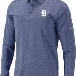 Budget 🔥 Columbia Men's Detroit Tigers Navy Pin High Long Sleeve Polo 🌟