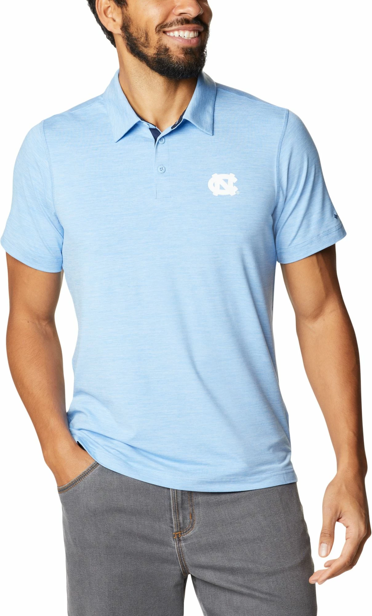 Discount 🔔 Columbia Men's North Carolina Tar 👠 Heels Carolina Blue Tech Trail Polo 💯