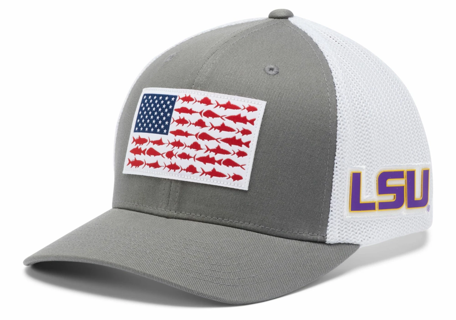 Flash Sale โจ Columbia Men's LSU Tigers Grey PFG Fish Flag Mesh Fitted Hat ๐
