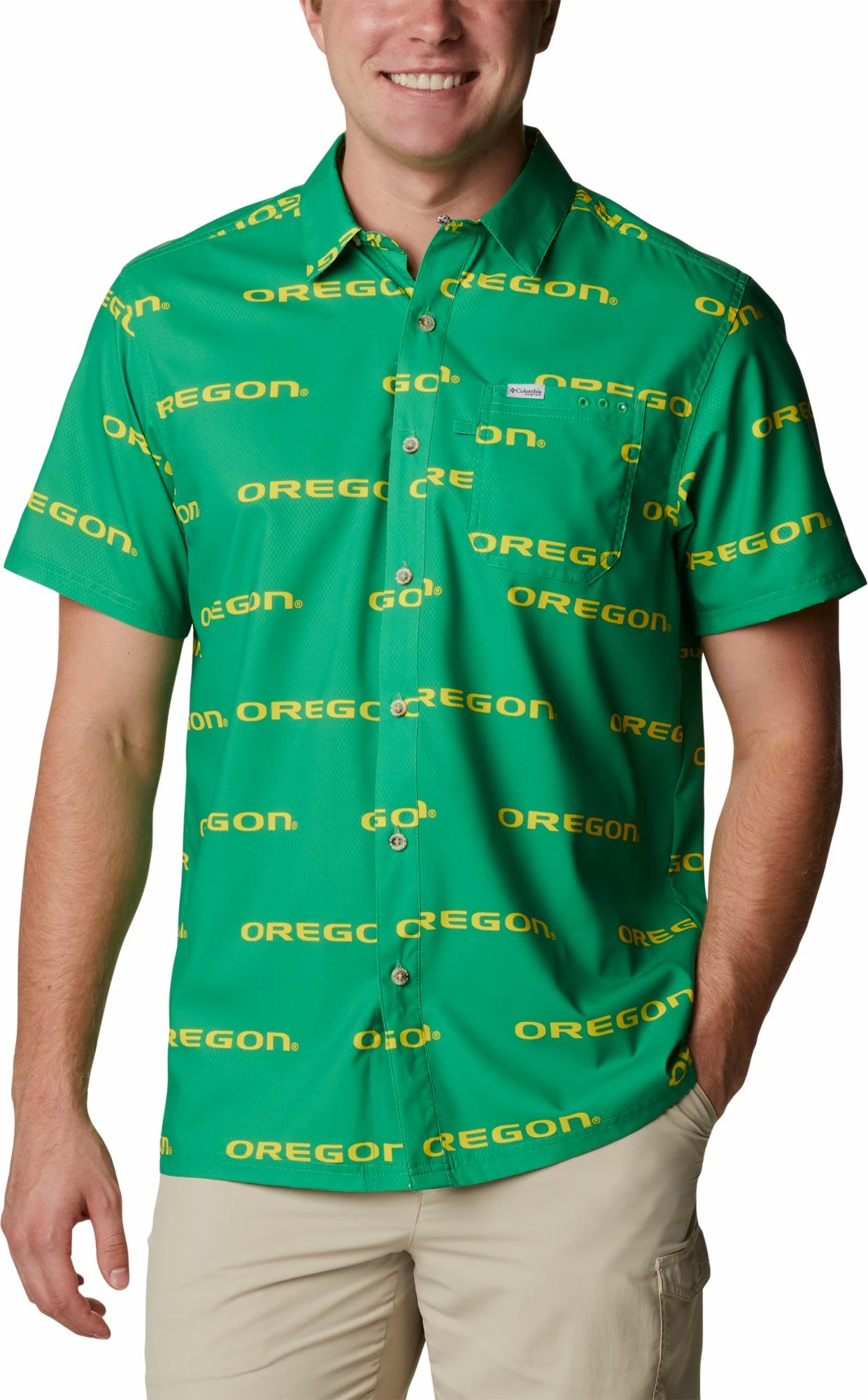 Best Sale 🎁 Columbia Men's Oregon Ducks Green Super Slack Tide Button Down 👚 Shirt 😍