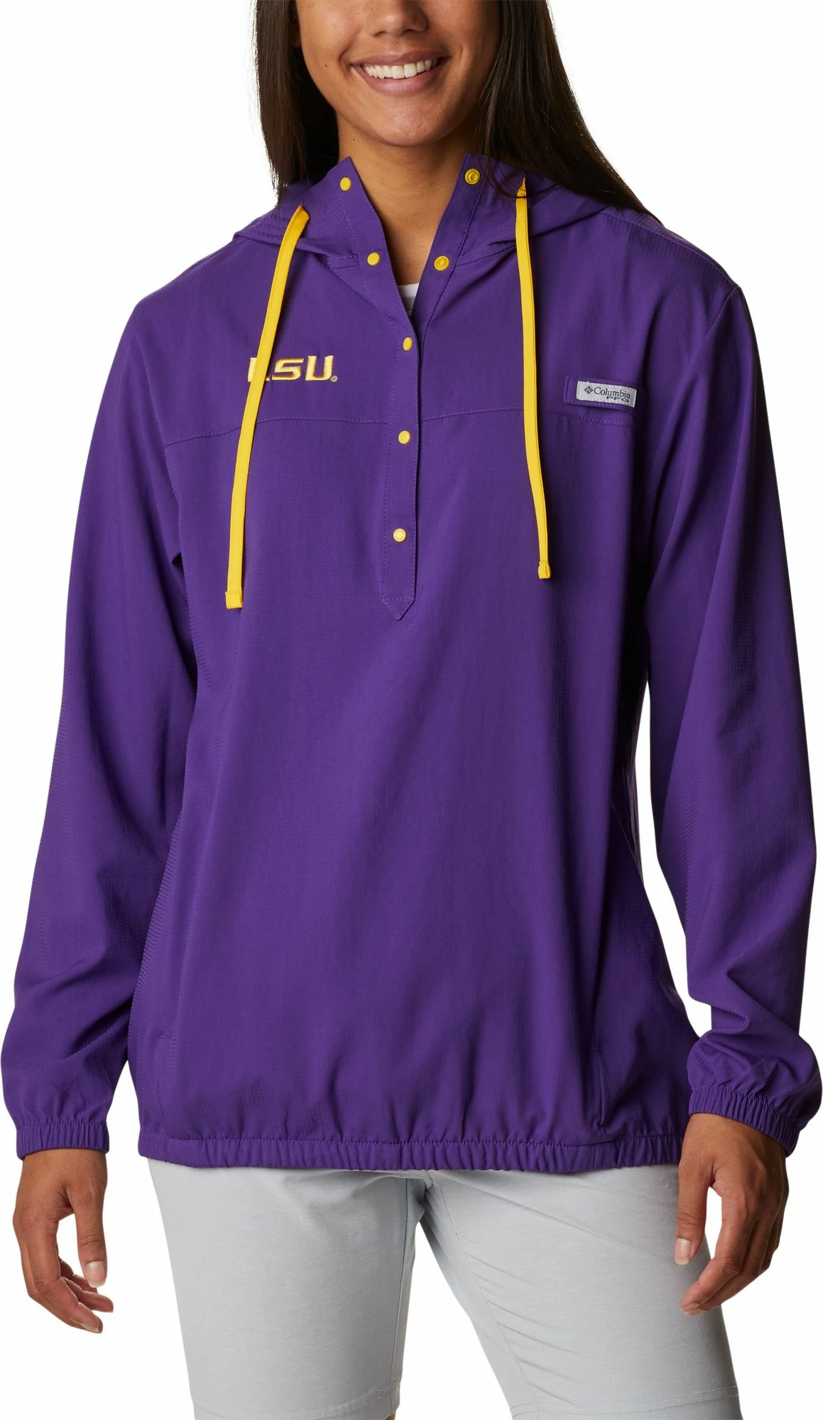 Buy ๐ Columbia ๐ฉ Women's LSU Tigers Purple PFG Tamiami Quarter-Snap Long Sleeve Hooded ๐ Shirt โ๏ธ