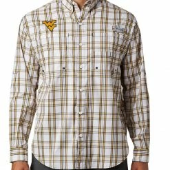 Outlet ⭐ Columbia Men's West Virginia Mountaineers Blue Long Sleeve Tamiami 👕 Shirt 😍