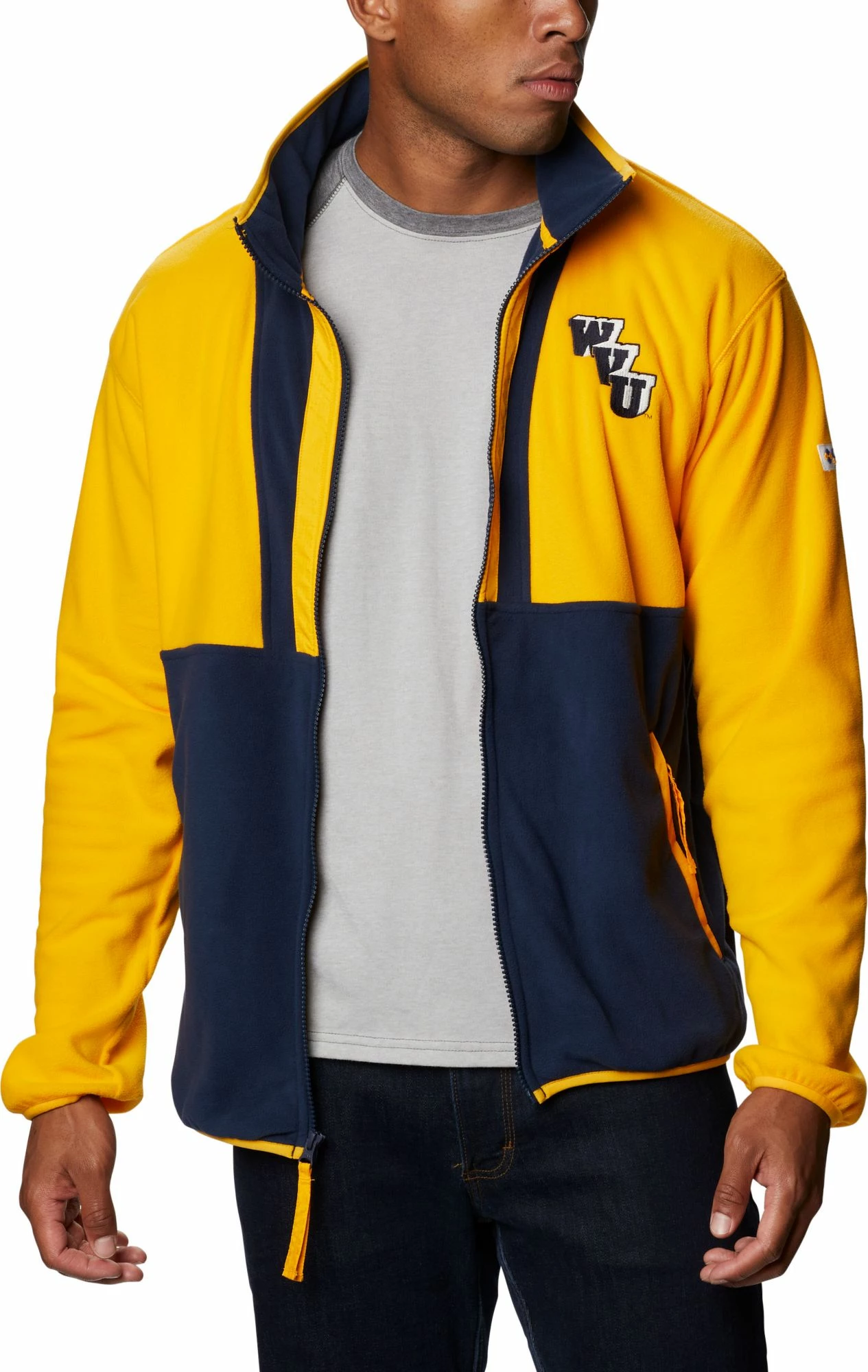 Discount ❤️ Columbia Men's West Virginia Mountaineers Gold Back Bowl Full-Zip Fleece Jacket 🎁