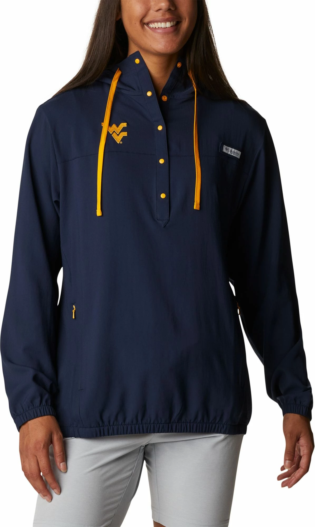 New ๐ Columbia ๐ฉ Women's West Virginia Mountaineers Blue PFG Tamiami Quarter-Snap Long Sleeve Hooded ๐ Shirt ๐