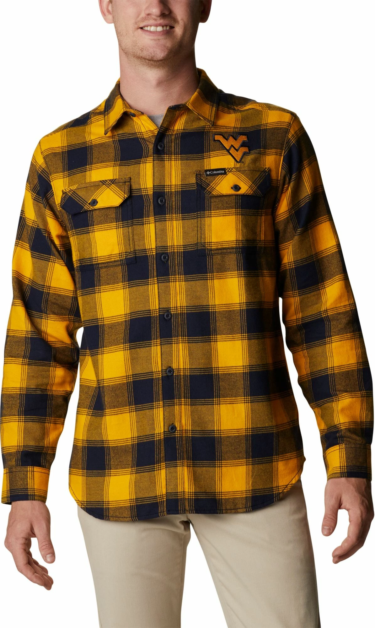 Wholesale ๐ Columbia Men's West Virginia Mountaineers Blue Plaid Flare Gun Flannel Button Down Long Sleeve ๐ Shirt ๐ฅฐ